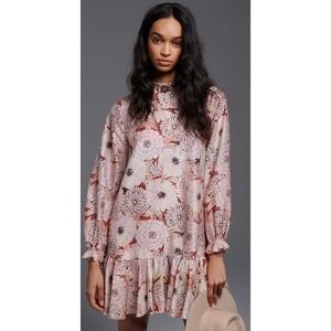 Geisha Designs Anthropologie Antonella Flounced Tunic Dress L Floral Silk Blend